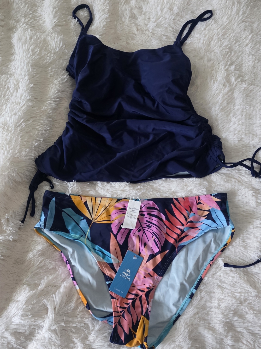 Cupshe Navy Bikini Bottoms with Tropical Pink & Coral Leaf Print